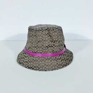 Coach Signature Monogram Kids Size L/XL Brown Pink Leather Trim Bucket Hat